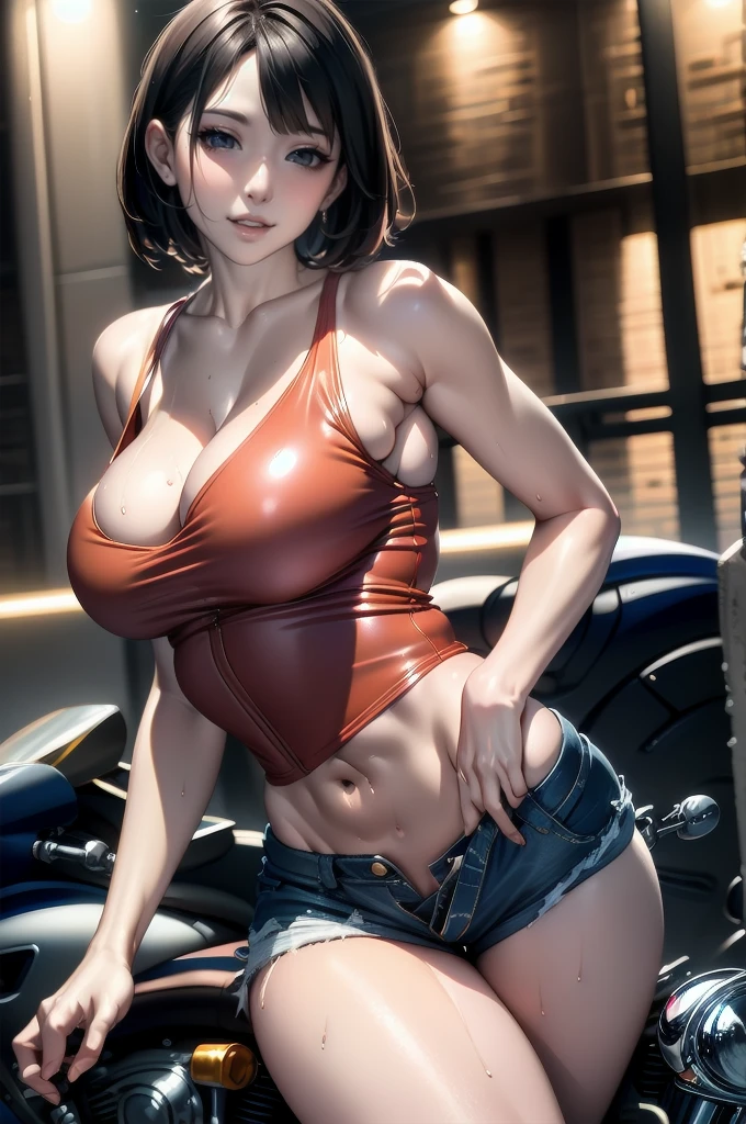 (8K HDR photorealistic pic), (cowboy shot), (Perfect Anatomy, top-quality, The ultra -The high-definition, high resolution, extremely details CG, 8K Unit Wallpapers), ((mature 26-year-old)), solo, Beautiful detailed eyes, black hair, short bob hair, blunt bang, (small breasts, slender body, athletic), gleaming skin, oily skin, (punk fashion, leather jacket, (tank top), micro shorts), (drive a motorcycle, Harley-Davidson), on road, Tokyo, at night