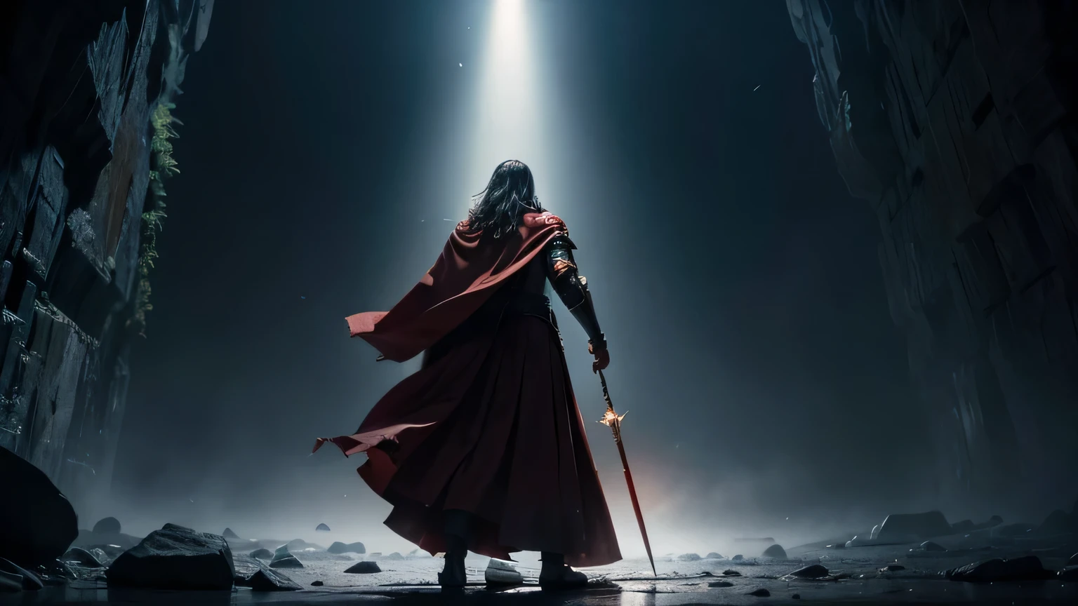 JESUS AS A WARRIOR WITH RED CAPE and armor, STANDING AT the bottom of a dark stone abyss SEEN FROM BEHIND, with open arms, an immense light descends on him, MOTION SCENE