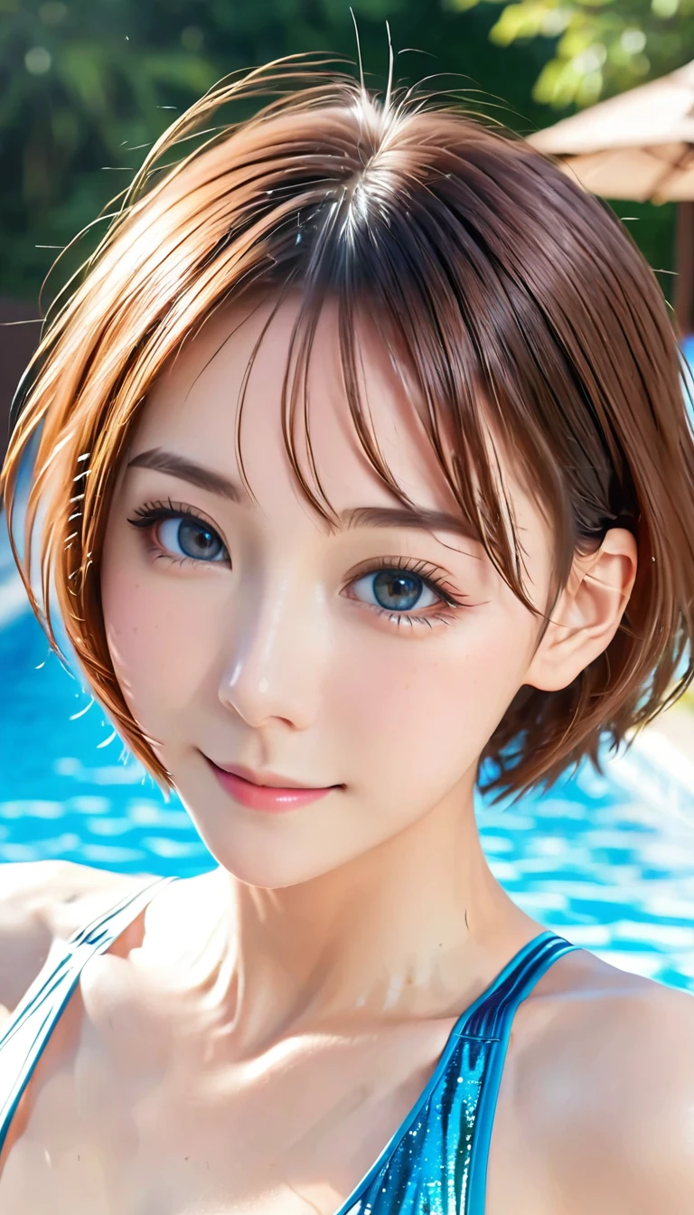 高いquality illustration, masterpiece, (Leaning forward and looking into the camera:1.4)、Very delicate and beautiful, One Japanese woman、Attractive girl,Glittery brown hair、(Competitive swimming suits,), thin, Slender body,slim, Poolside Background,Princess, Beautiful Eyes, A light smile, (masterpiece, Highest quality:1.2), High res, Very detailed CG ユニティ 8k 壁紙, Perfect lighting, colorful, Ultra-high res,4K,Very detailed, photograph, 8k, High resolution, ,Cowboy Shot,