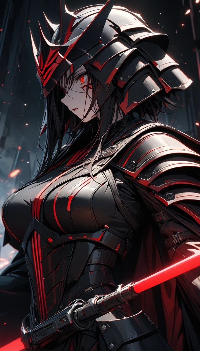 A fierce warrior, clad in sleek, ebony armor adorned with intricate crimson accents, stands defiantly on a precipice overlooking a sprawling, dystopian city. The warrior's crimson eyes blaze with determination, and their obsidian hair flows like a dark waterfall. The city below is a chaotic battleground, neon lights and smog painting a grim backdrop. The warrior's hand grips a gleaming, katana-like sword, poised for battle. Behind them, a crimson moon looms ominously in the smoky sky, casting an eerie glow. Best quality, intricate details, clean lines, eye-catching composition, soft tones, anime realism, capturing the essence of a lone hero's resolve against a world in turmoil, perfect illustration