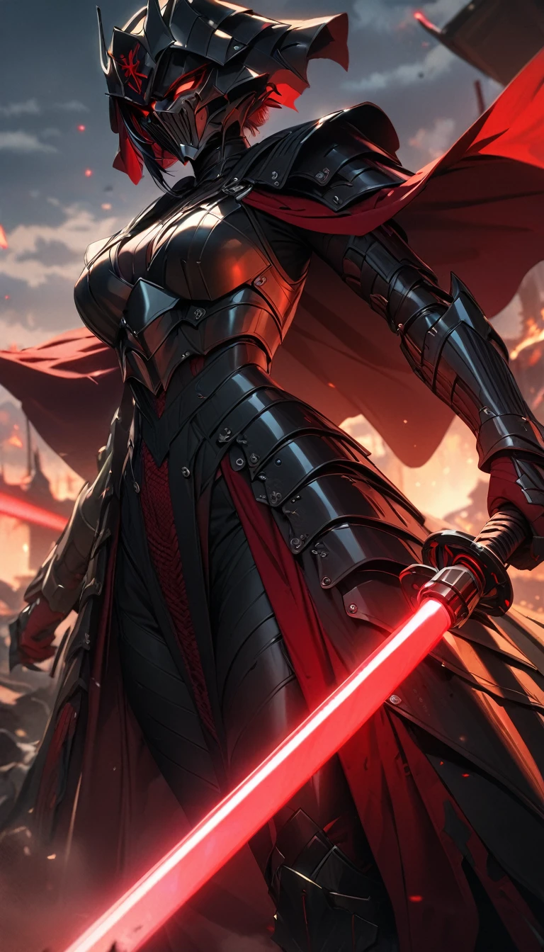 Adult girl, Sith armor, lightsaber, Masterpiece, best quality, Full HD, 8k, ultra details, great graphic