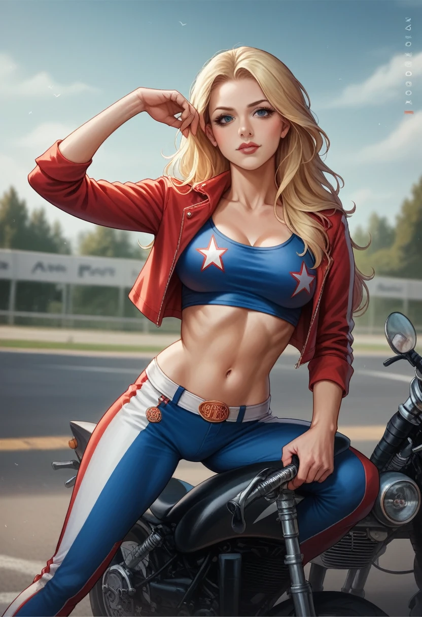 beautiful blonde, 21 years old, american woman, motorcycle racing outFit, Daredevil, realisti, 8k, Koda-Photo, photo realisti, slim body, Fit,