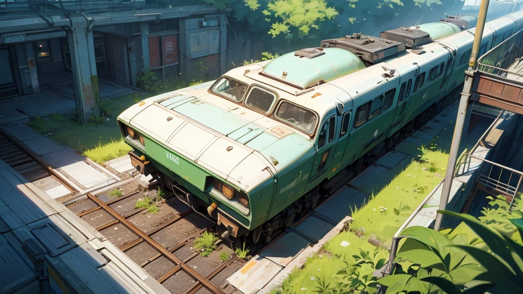 create a futuristic RPG scenario seen from above a train station and its abandoned railway amid time and plants taking over the entire scene. this scenario must be in a city that is equally abandoned and overgrown with vegetation