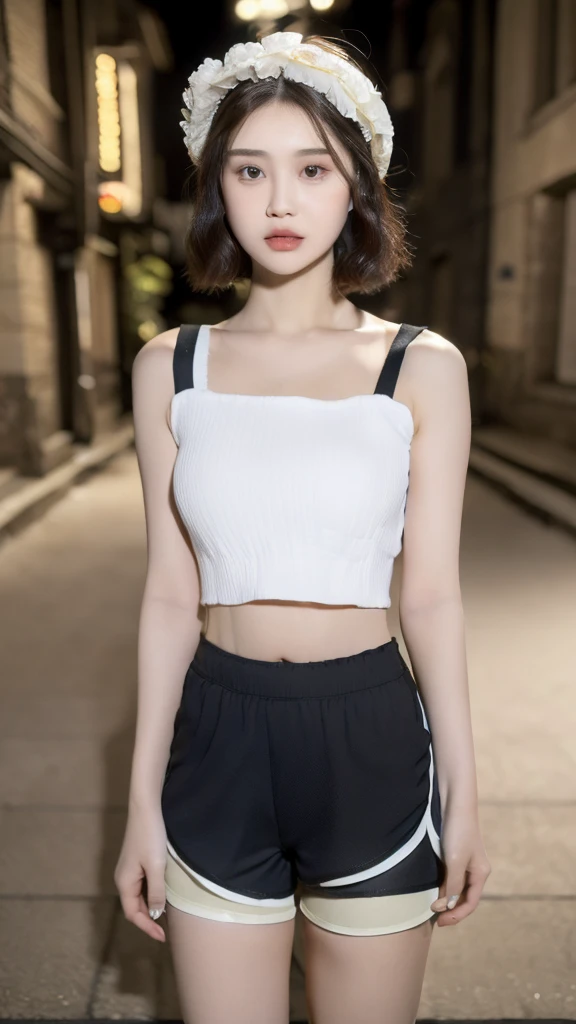 ((Best Quality, 8K, Masterpiece: 1.3)), (Flower Cap: 1.3), Focus: 1.2, Perfect Body Beauty: 1.4, Buttocks: 1.2, (Layered Haircut: 1.2)), (Dark Street: 1.3), Highly Detailed Face and Skin Texture, Full Body, Delicate Eyes, Double Eyelids, Whitened Skin, Long Hair, (Round Face: 1.5), (Loose Crop Top, Shorts: 1.6), nipples