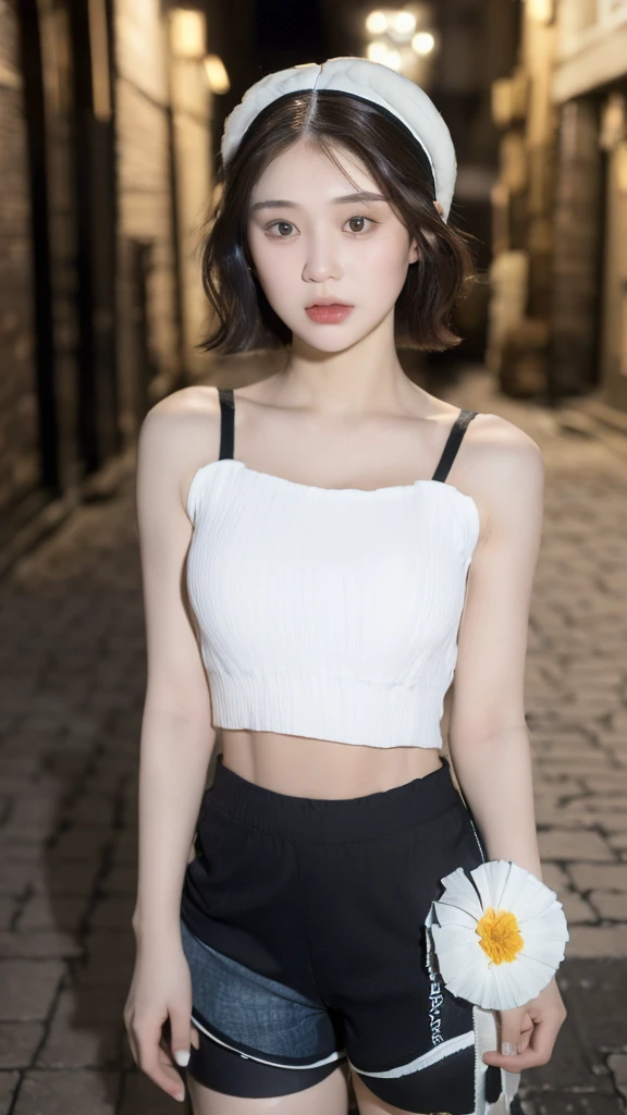 ((Best Quality, 8K, Masterpiece: 1.3)), (Flower Cap: 1.3), Focus: 1.2, Perfect Body Beauty: 1.4, Buttocks: 1.2, (Layered Haircut: 1.2)), (Dark Street: 1.3), Highly Detailed Face and Skin Texture, Full Body, Delicate Eyes, Double Eyelids, Whitened Skin, Long Hair, (Round Face: 1.5), (Loose Crop Top, Shorts: 1.6), nipples
