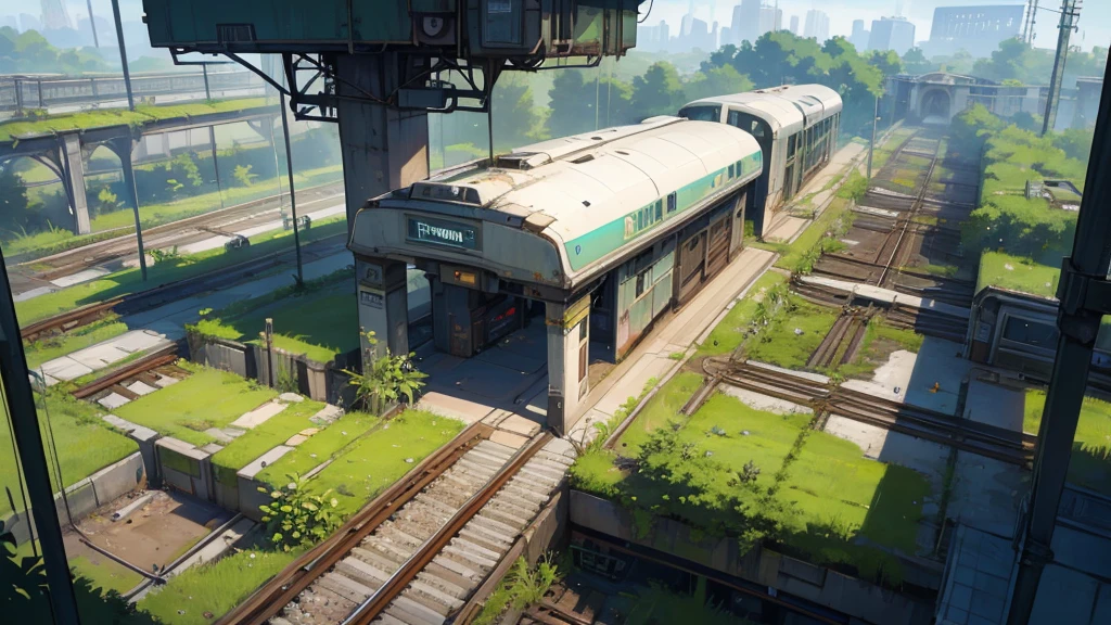 create a futuristic RPG scenario seen from above a train station and its abandoned railway amid time and plants taking over the entire scene. this scenario must be in a city that is equally abandoned and overgrown with vegetation