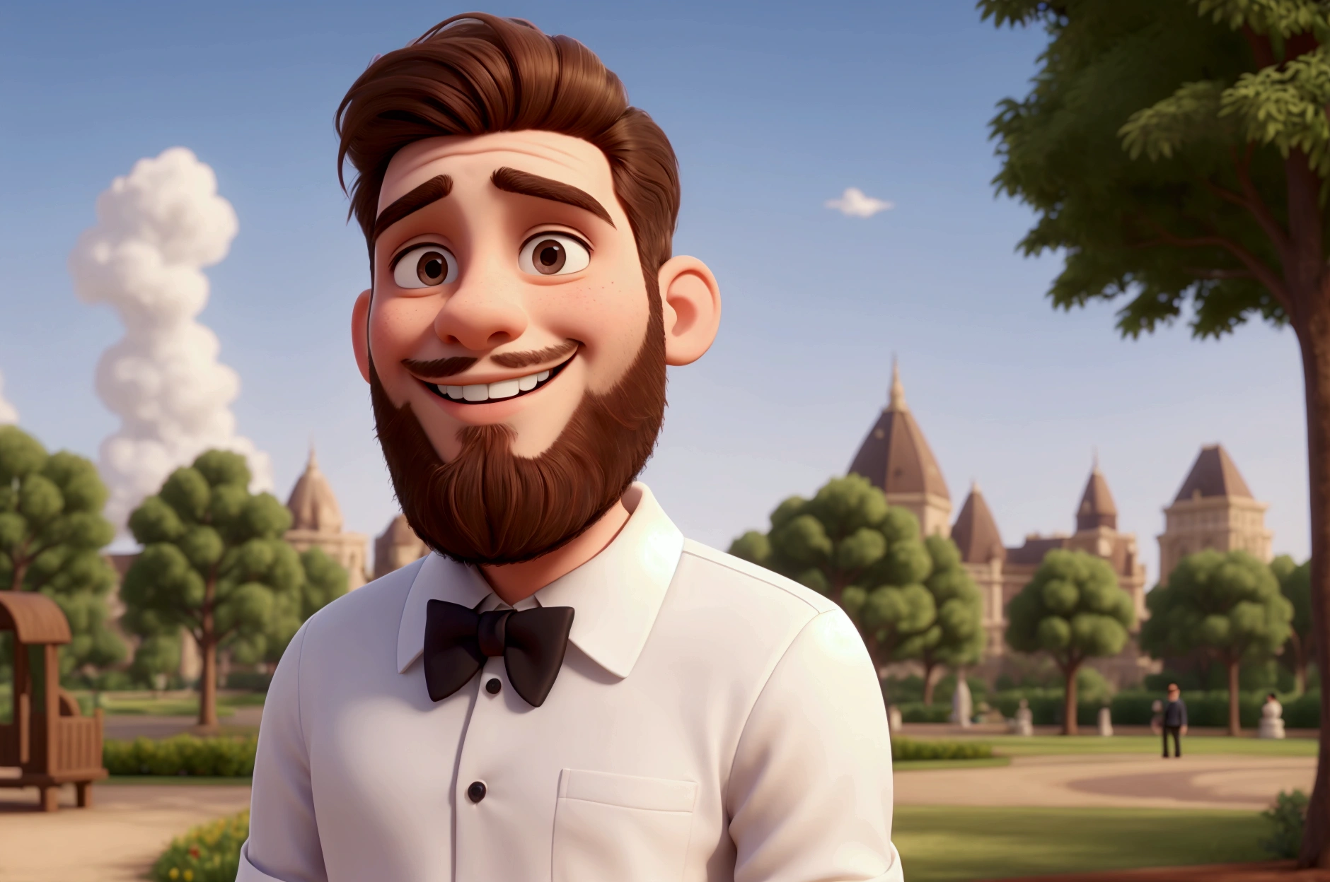 Young man with beard, smiling, wearing white blouse with a park in the background