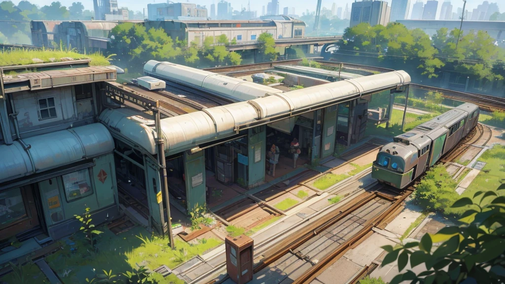 create a futuristic RPG scenario seen from above a train station and its abandoned railway amid time and plants taking over the entire scene. this scenario must be in a city that is equally abandoned and overgrown with vegetation
