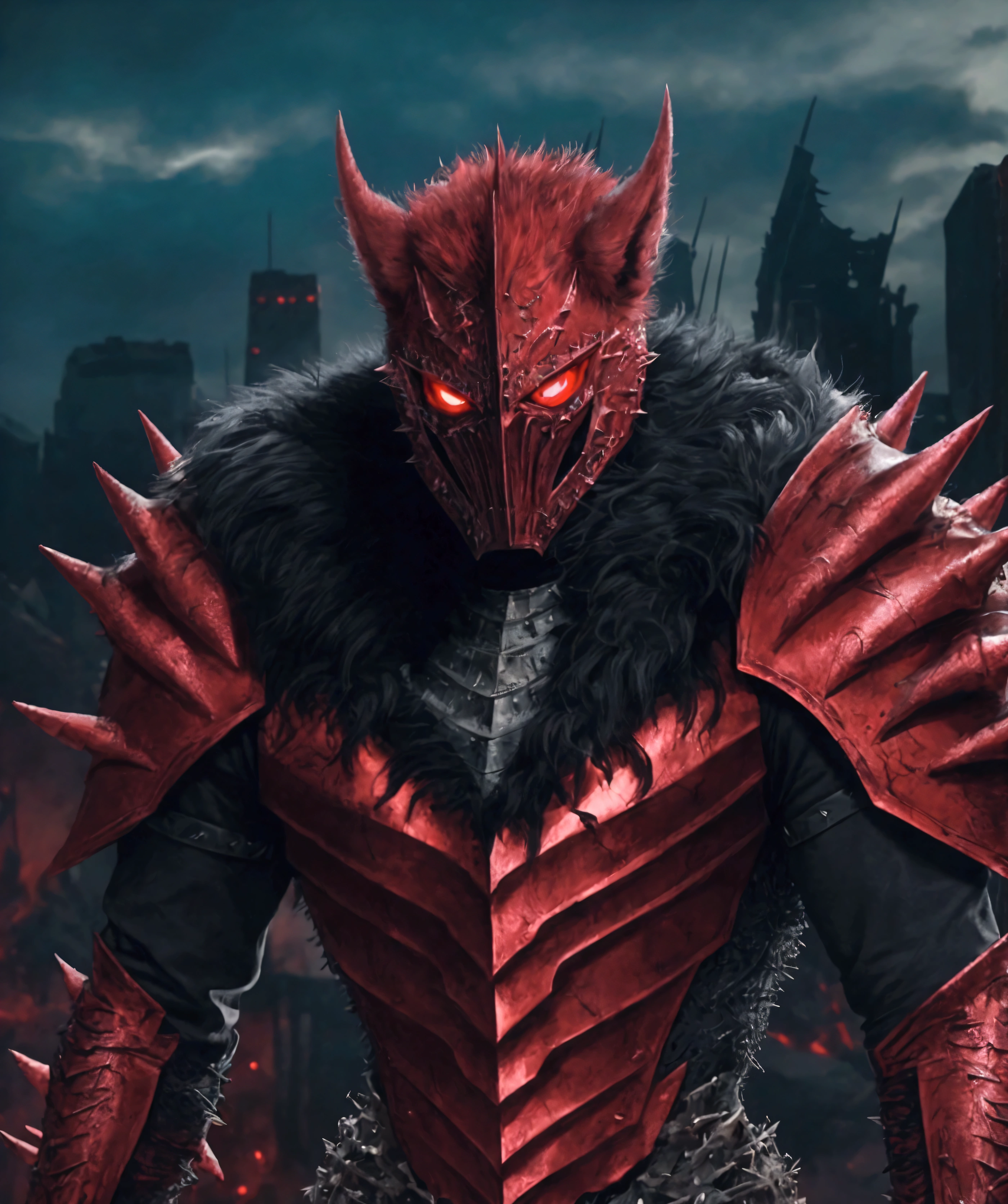 (extremely detailed 8k wallpaper), a medium shot photo of Grim dressed as a scary masked metal red furry-supervillain in a metal red spiked armour made of fur glowing armour with spikes from marvel, theme, intricate, high detail, dramatic, furry monster and destroyed buildings in the background