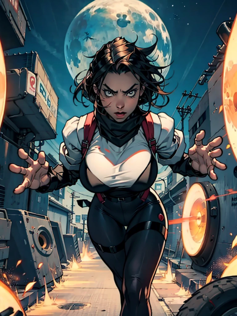 Damsel woman with big breasts with her hands cuffed running from an alien portal towards the camera