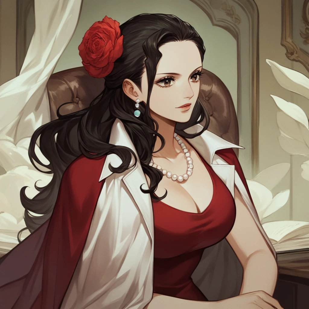 score_9,score_8_up,score_7_up,score_9,score_8_up,score_8,ultra detailed,beautiful face,highres BREAK ViolaOP,1girl,solo,long hair,large breasts,brown eyes,black hair,red dress,jacket,necklace,hair flower,pearl necklace,necklace,hair slicked back,earrings,cape on shoulders,on a chair