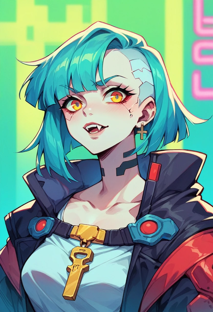 I want an image of a vampire girl in a cyberpunk world with a cold tone environment and the color red in it., but that the environment has cyan neon lights, blue, purple and yellow that is low key and has an anime style. Any size for portrait