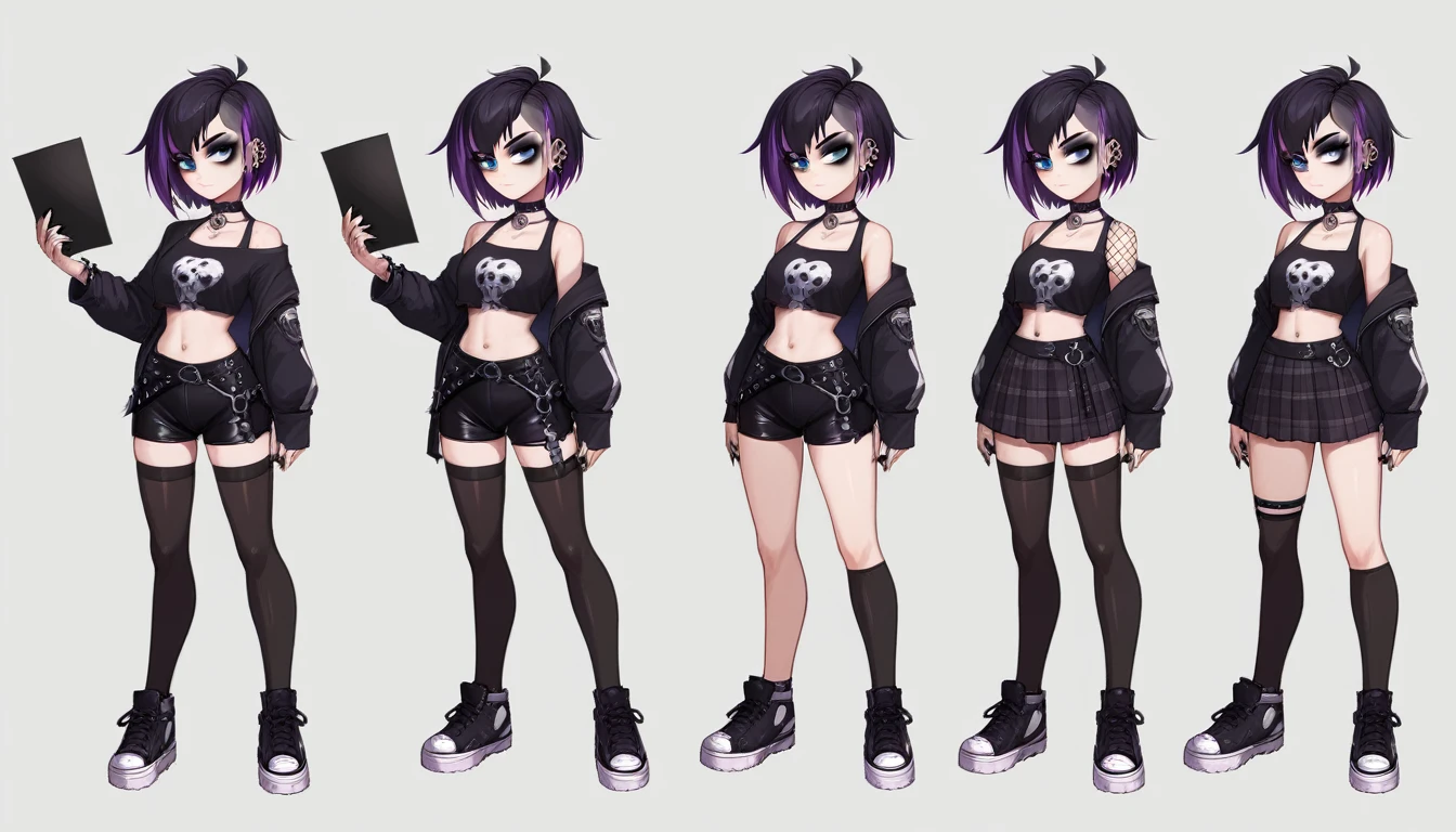 Solo, score_9,score_8_up,score_7_up, source_girl, goth girl, teenage female, black hair, goth style hair, wearing black bike shorts, black spandex shorts, 1.3, goth makeup, fishnet, wearing goth clothes, goth, emo, goth outfit, standing, solo, full body, blue eyes, black clothes, plaid skirt, black spandex shorts, (short hair), character design, paper doll sheet, (purple highlights), Black and purple hair,