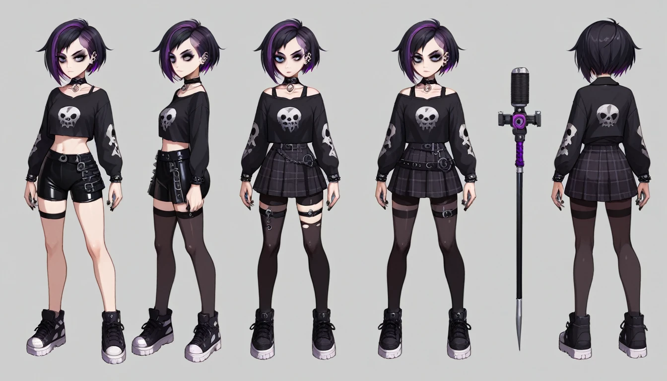 Solo, score_9,score_8_up,score_7_up, source_girl, goth girl, teenage female, black hair, goth style hair, wearing black bike shorts, black spandex shorts, 1.3, goth makeup, fishnet, wearing goth clothes, goth, emo, goth outfit, standing, solo, full body, blue eyes, black clothes, plaid skirt, black spandex shorts, (short hair), character design, paper doll sheet, (purple highlights), Black and purple hair,