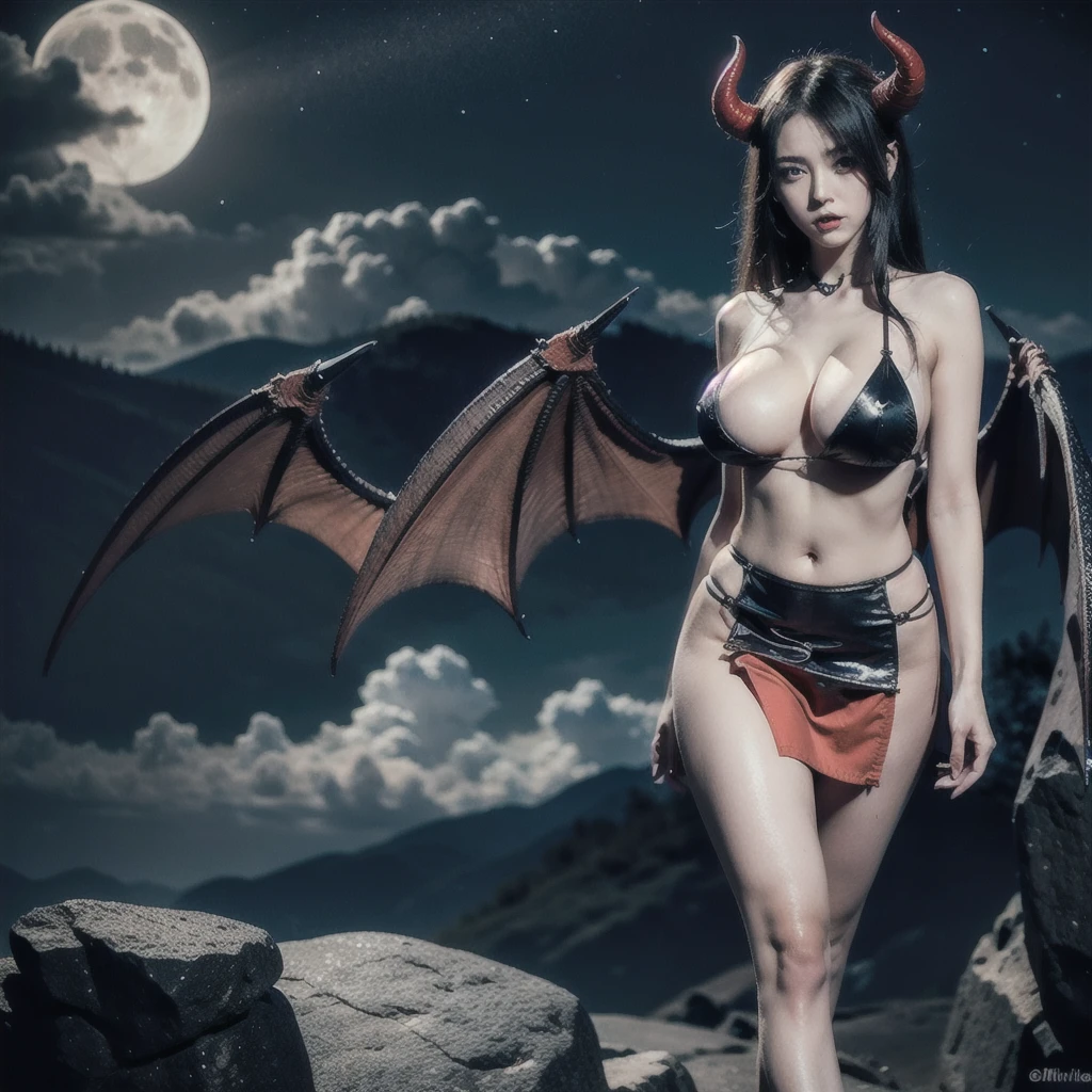 masterpiece, American woman 25 years old, big breast, pale skin, wide hips, thin waist, (best quality:1.2), [:intricate details:0.2], demon girl, skirt, (red eyes:1.3), demon horns, demon wings, demon tail, enchanting gaze, captivating pose, otherworldly charm, mystical sky, moonlit night, cloud,