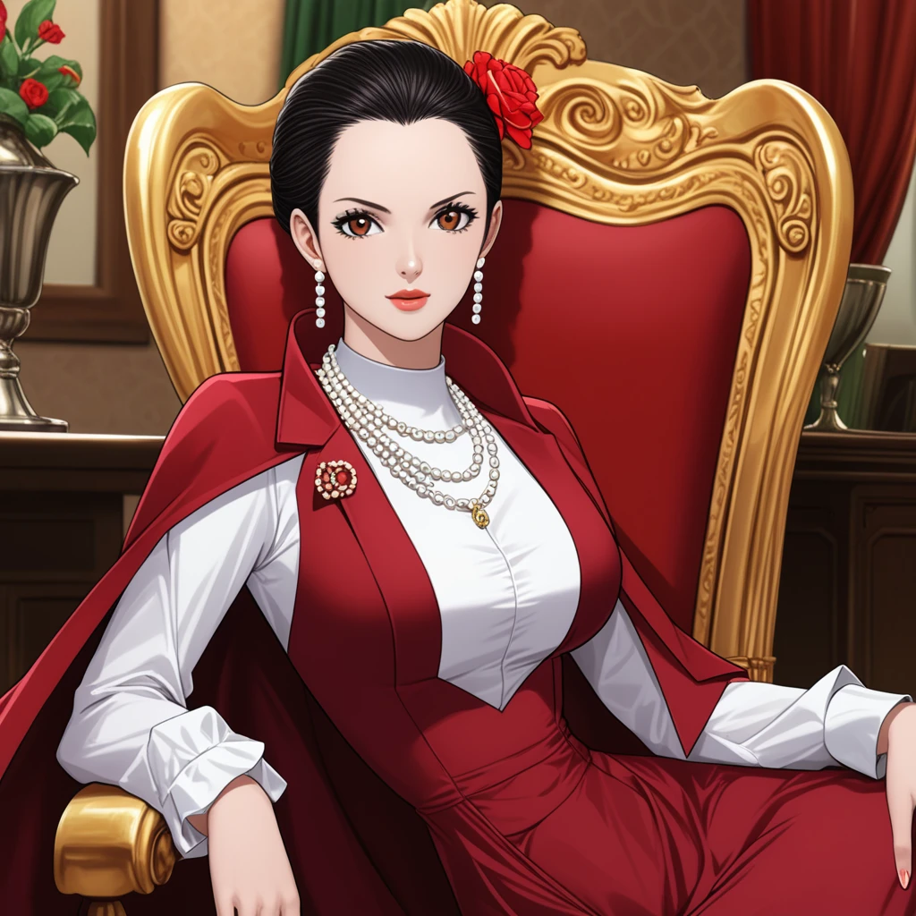 score_9,score_8_up,score_7_up,score_9,score_8_up,score_8,ultra detailed,beautiful face,highres BREAK ViolaOP,1girl,solo,long hair,large breasts,brown eyes,black hair,red dress,jacket,necklace,hair flower,pearl necklace,necklace,hair slicked back,earrings,cape on shoulders,on a chair