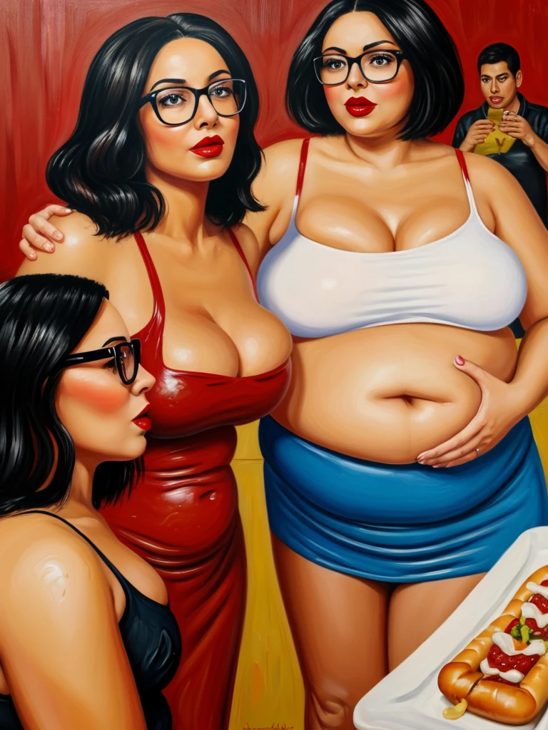 2 women, red lips, large glasses, (scolding a woman about eating too much), emotional portrait about not eating too much,, holding a hot dog, hotdog background, stuffed belly, full belly (realistic modern oil painting)
