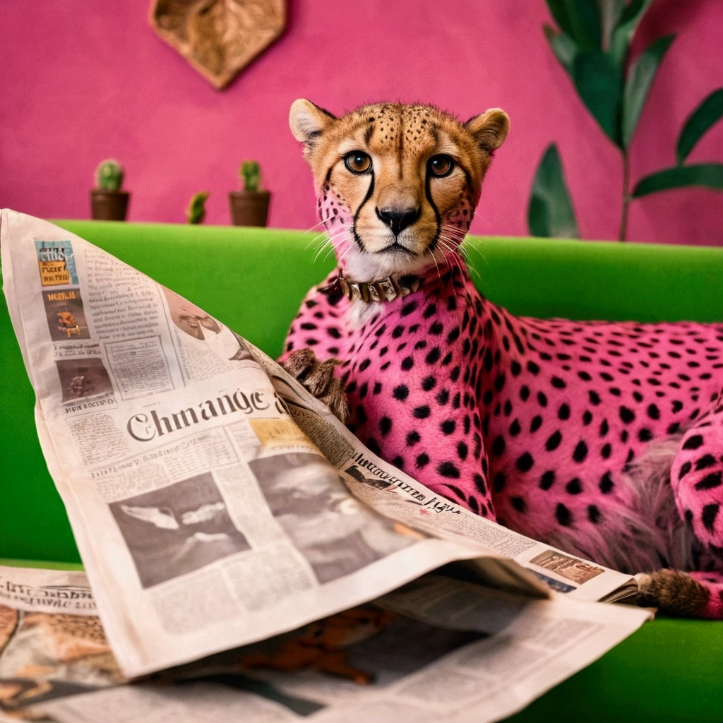 Realism,There is a pink cheetah sitting on a green sofa,holding newspaper in hand, read newspaper, Humanoid cheetah, by Lee Loveridge, "Portrait of Cartoon Animal, by Julia Pishtar, By Dietmar Damelau, by Emma Andijewska, newspaper photography, by Anna Haifesch, toiletpaper magazine, author:Natalie Ratner