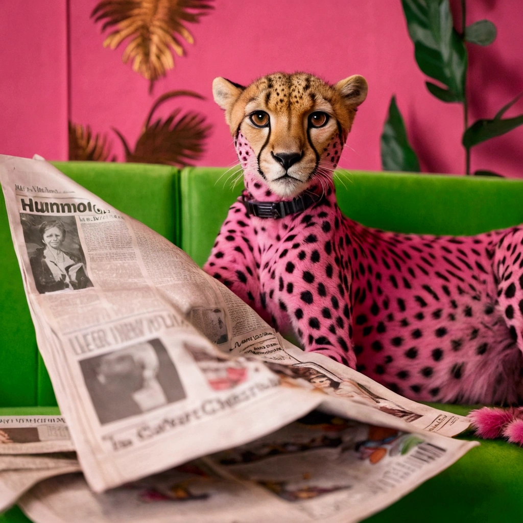 Realism,There is a pink cheetah sitting on a green sofa,holding newspaper in hand, read newspaper, Humanoid cheetah, by Lee Loveridge, "Portrait of Cartoon Animal, by Julia Pishtar, By Dietmar Damelau, by Emma Andijewska, newspaper photography, by Anna Haifesch, toiletpaper magazine, author:Natalie Ratner