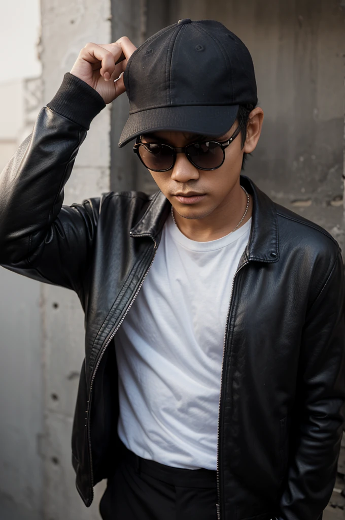 Draw a name writing logo "Jibun" written in 3-dimensional letters, behind the name logo there is a miniature of a 26 year old Indonesian man wearing an undershirt and outer leather jacket, and wearing a black hat and sunglasses, dark shades background