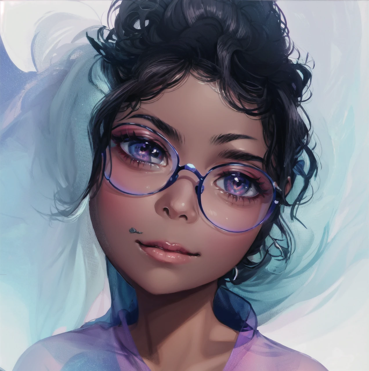 desenho de uma mulher with glasses, dark-skinned, a digital painting inspired by loish, art station, serial art, stylized portrait, high-quality portrait, digital illustration portrait, digitalportrait,  with glasses, detailed color portrait, cute portrait, nft portrait, no art style by bowater, lofi portoRait, realistic painting of beautiful girl, digital art portrait