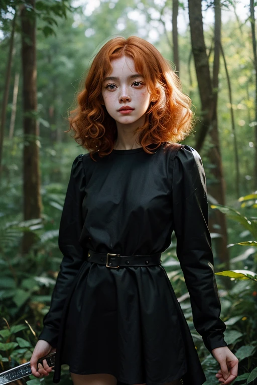 15 year old girl, Lovely, orange hair, very short, Very curly, slim, flat bust, with freckles on the face, with slavic features, with short black dress, of long sleeve, shows her legs, In the woods, holding a sword in his hand.