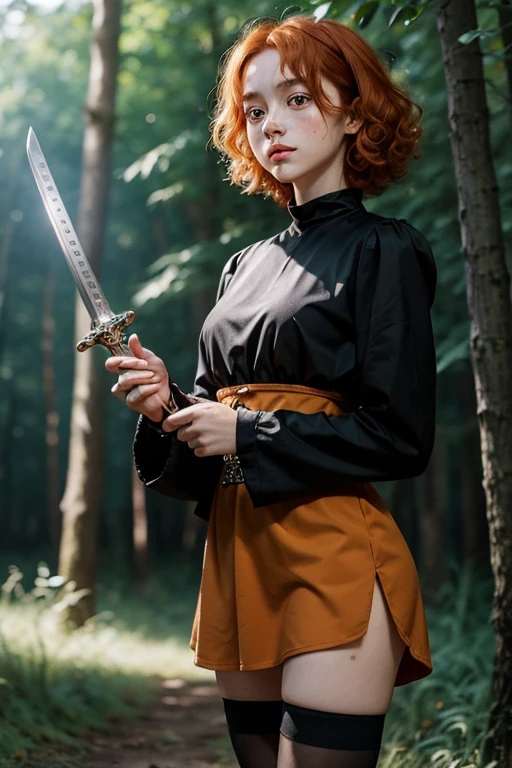 15 year old girl, Lovely, orange hair, very short, Very curly, slim, flat bust, with freckles on the face, with slavic features, with short black dress, of long sleeve, shows her legs, In the woods, holding a sword in his hand.