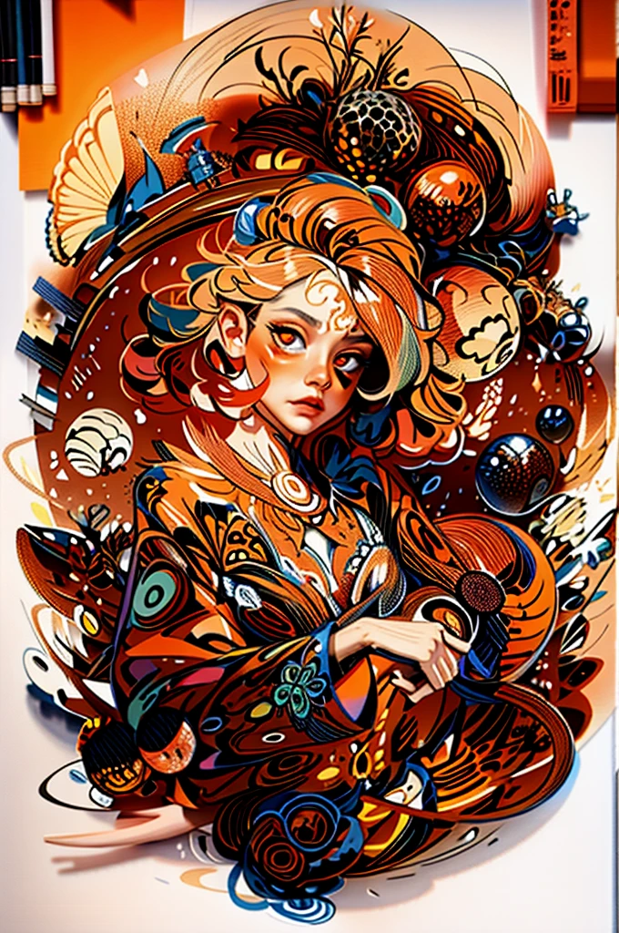 1 girl,(orange_body hair:1.1),(zentangle, mandala, tangle, entangle:0.6),(Fractal Art),most beautiful form of chaos,Brutalist designed,