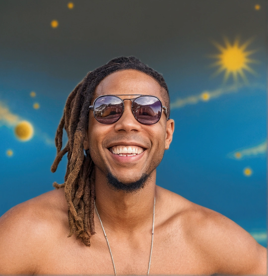 there is a man with dreadlocks and sunglasses smiling for a photo, taken at the beginning of 2020, headshot foto perfil, profile image, vacation photo, album art, dark-skinned man with a giant smile, unstyled photo of tyler mitchell, foto perfil, album photo, profile pic, Rodney Mateus, Aaron Sims, looking at side