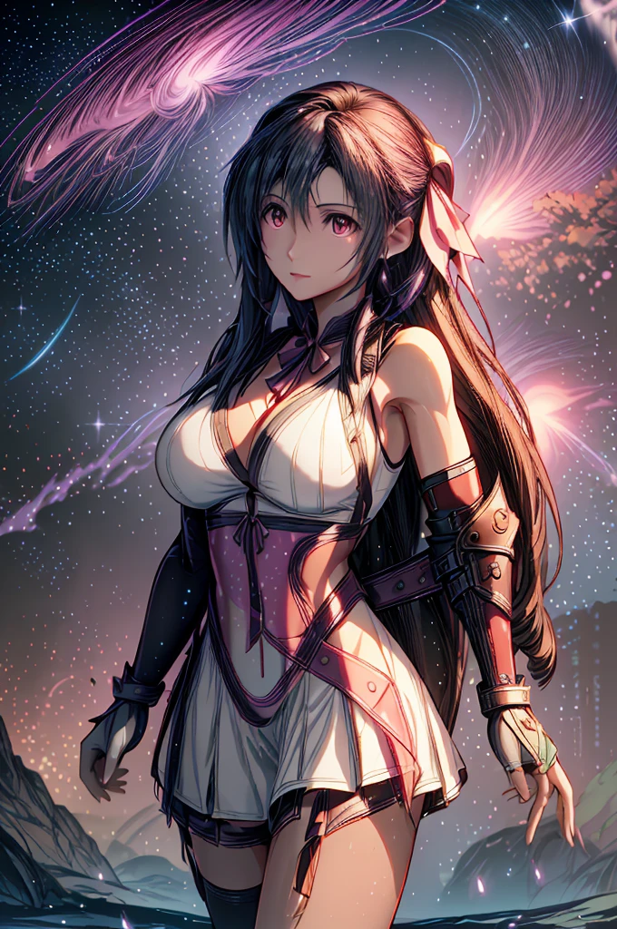 (8K HDR photorealistic pic:1.2), Tifa Lockhart, muscular, athletic, cheerful, toned body, (massive breasts), hourglass figure, fighter, long dark hair tied with ribbon at the end, ((Aerith costume, white dress, pink jacket)), seductive, red eyes, soft shadows, (masterpiece), Starry Sky with Mountains and Lake, Inspired by Jessica Rossier, Jessica Rossier Fantasy Art, Concept Art Magic Highlights, Official Artwork, ((hyperrealistic)), Ethereal Realm, Atmospheric artwork, dreamy matte paintings, serene endless stars inspired by Ted Nasmith, moonlit starry environments, epic music album covers.