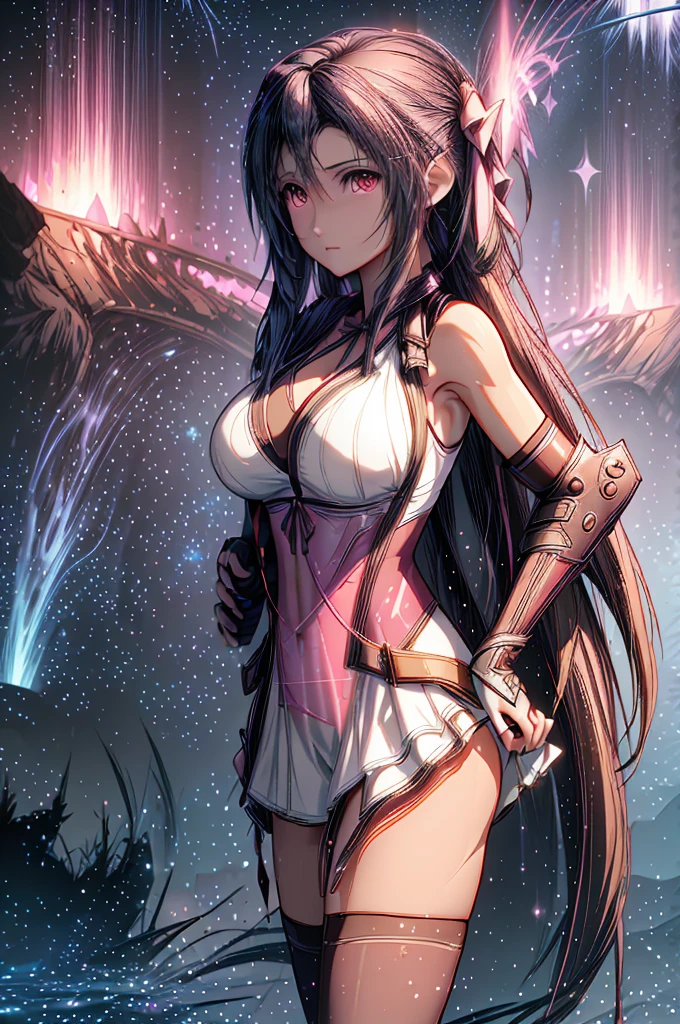 (8K HDR photorealistic pic:1.2), Tifa Lockhart, muscular, athletic, cheerful, toned body, (massive breasts), hourglass figure, fighter, long dark hair tied with ribbon at the end, ((Aerith costume, white dress, pink jacket)), seductive, red eyes, soft shadows, (masterpiece), Starry Sky with Mountains and Lake, Inspired by Jessica Rossier, Jessica Rossier Fantasy Art, Concept Art Magic Highlights, Official Artwork, ((hyperrealistic)), Ethereal Realm, Atmospheric artwork, dreamy matte paintings, serene endless stars inspired by Ted Nasmith, moonlit starry environments, epic music album covers.