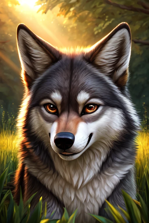 ((best quality)), ((masterpiece)), (detailed), Create cute, detailed digital art of a GRAY wolf with black markings on its face and body, sitting in a lush green meadow under the golden light of the morning sun. The wolf has big brown eyes, furry ears and a mischievous smile. Art should be realistic in style with individual hair texture and smooth rendering. The final resolution must be 4k in a 16:9 aspect ratio.