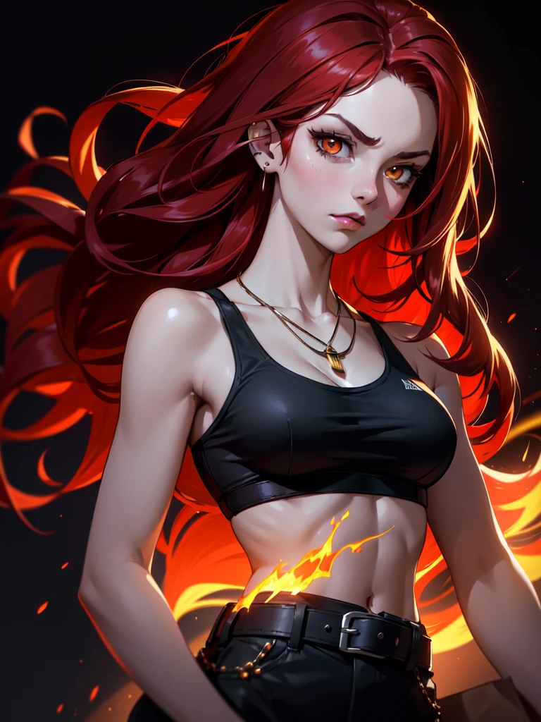 (((Portrait Photo))), She has a , Determined Appearance of a 17-Yea a Slim yet Strong Build, Exuding Confidence and Power. Her Long, Flowing Red Hair, Styled in Loose Waves, Cascades Down Her Back, Framing Her Face with Intense Energy. Her Piercing Orange Eyes, Glowing Like Embers, Radiate a Resolute and Commanding Presence. She Wears a High-waisted Paper Bag Shorts with a Tucked-in Tank Top, Accessorized with a Wide Belt, and a Pendant Necklace. (((High Quality, Dark Background))), (((Portrait Photo)))