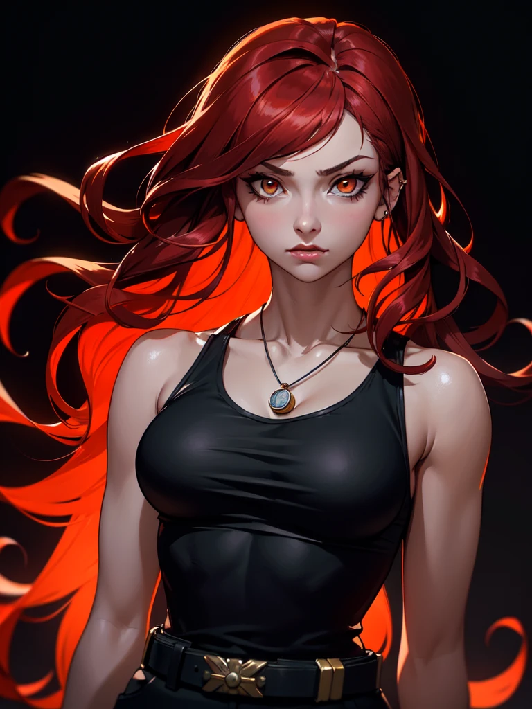 (((Portrait Photo))), She has a Fierce, Determined Appearance of a 17-Year-Old, with a Slim yet Strong Build, Exuding Confidence and Power. Her Long, Flowing Red Hair, Styled in Loose Waves, Cascades Down Her Back, Framing Her Face with Intense Energy. Her Piercing Orange Eyes, Glowing Like Embers, Radiate a Resolute and Commanding Presence. She Wears a High-waisted Paper Bag Shorts with a Tucked-in Tank Top, Accessorized with a Wide Belt, and a Pendant Necklace. (((High Quality, Dark Background))), (((Portrait Photo)))