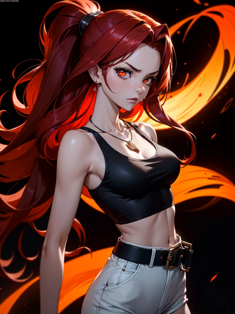 (((Portrait Photo))), She has a Fierce, Determined Appearance of a 17-Year-Old, with a Slim yet Strong Build, Exuding Confidence and Power. Her Long, Flowing Red Hair, Styled in Loose Waves, Cascades Down Her Back, Framing Her Face with Intense Energy. Her Piercing Orange Eyes, Glowing Like Embers, Radiate a Resolute and Commanding Presence. She Wears a High-waisted Paper Bag Shorts with a Tucked-in Tank Top, Accessorized with a Wide Belt, and a Pendant Necklace. (((High Quality, Dark Background))), (((Portrait Photo)))