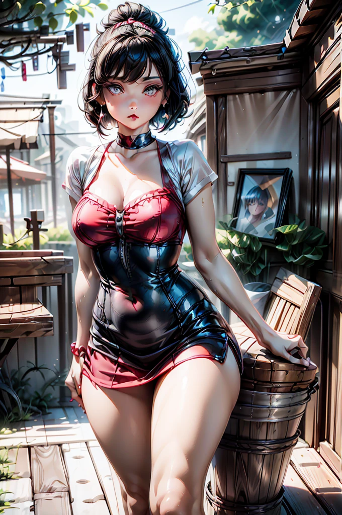 (8K HDR photorealistic pic), Betty Boop, short, althetic form, curvy lady, ((tight little red dress:1.2)), dark eyebrows, ((blush, black lipstick, hoop earrings)), dark eyeshadow, curvy silhouette, busty buxom body, (curly short black hair), shortstack, (retroussé breasts), darling figure, (supple pouting breasts), firm thighs, hourglass figure, kerchief, big brown eyes, dancing seductively, hazily lit bar