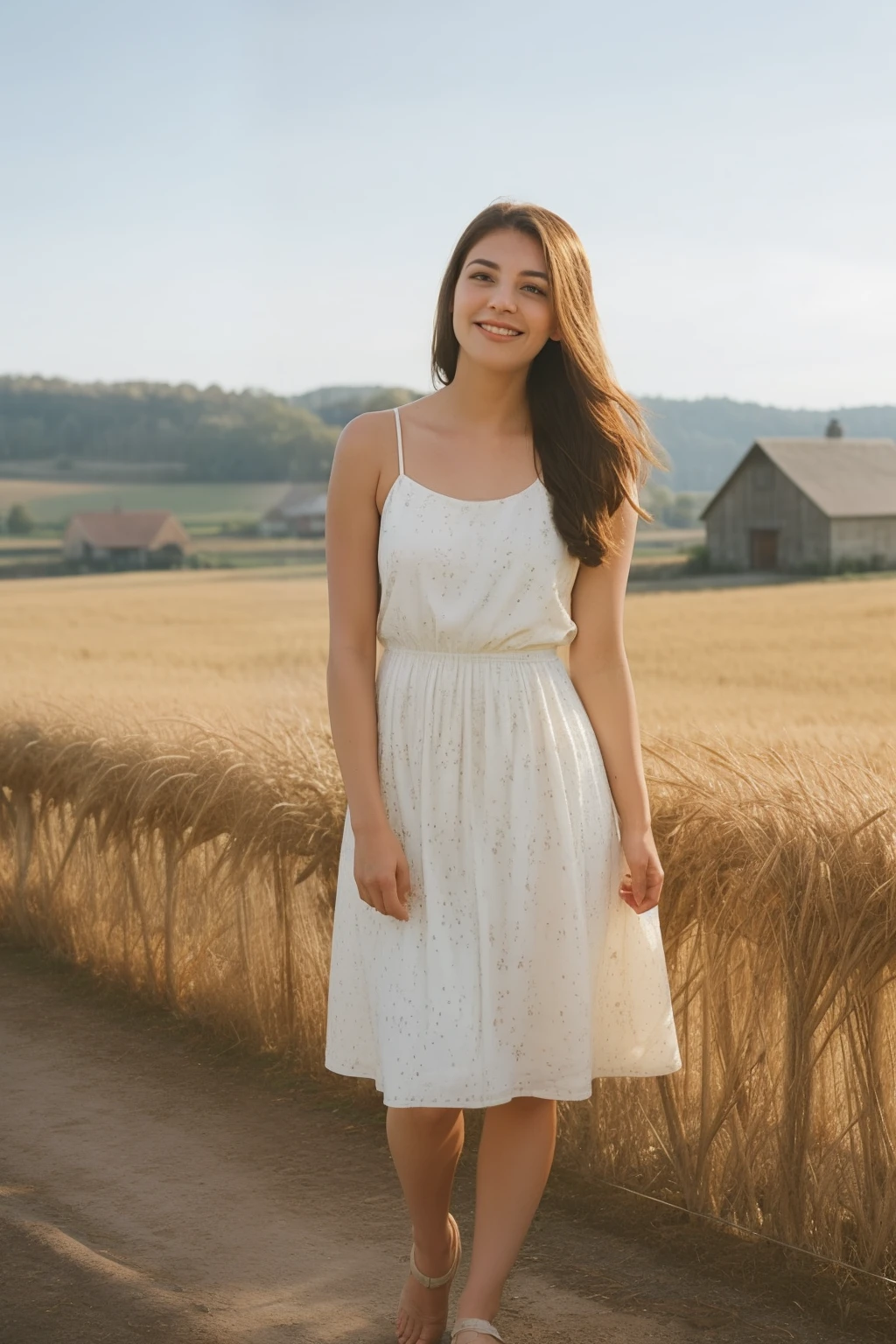 1girl, 20 years old, tall and attractive, wearing a cute country dress, hair braided, standing in a rustic farm setting. She has a soft, gentle smile and expressive eyes. In the background are charming barns, golden wheat fields and clear blue skies. The composition should be bathed in warm golden hour light, with soft depth of field and soft bokeh to accentuate the idyllic tranquility. Capture images as if they were shot on vintage 35mm film for added oomph, filmg,