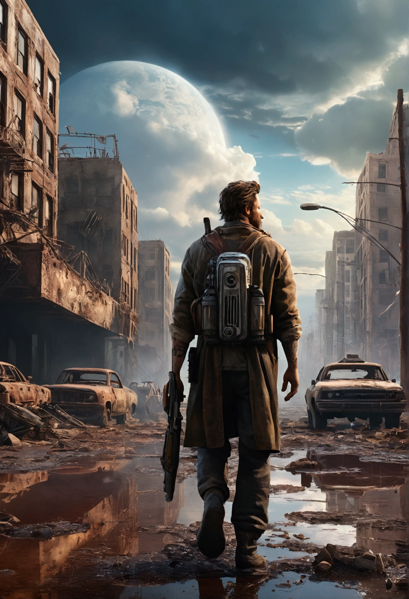 "Create a high-quality image in the style of a semi-apocalyptic world., where a character walks. The sky should be incredibly dazzling., with graphics that rival those of film productions. Make sure every detail is realistic and immersive. Final image resolution must be 4K., suitable for use as a banner."