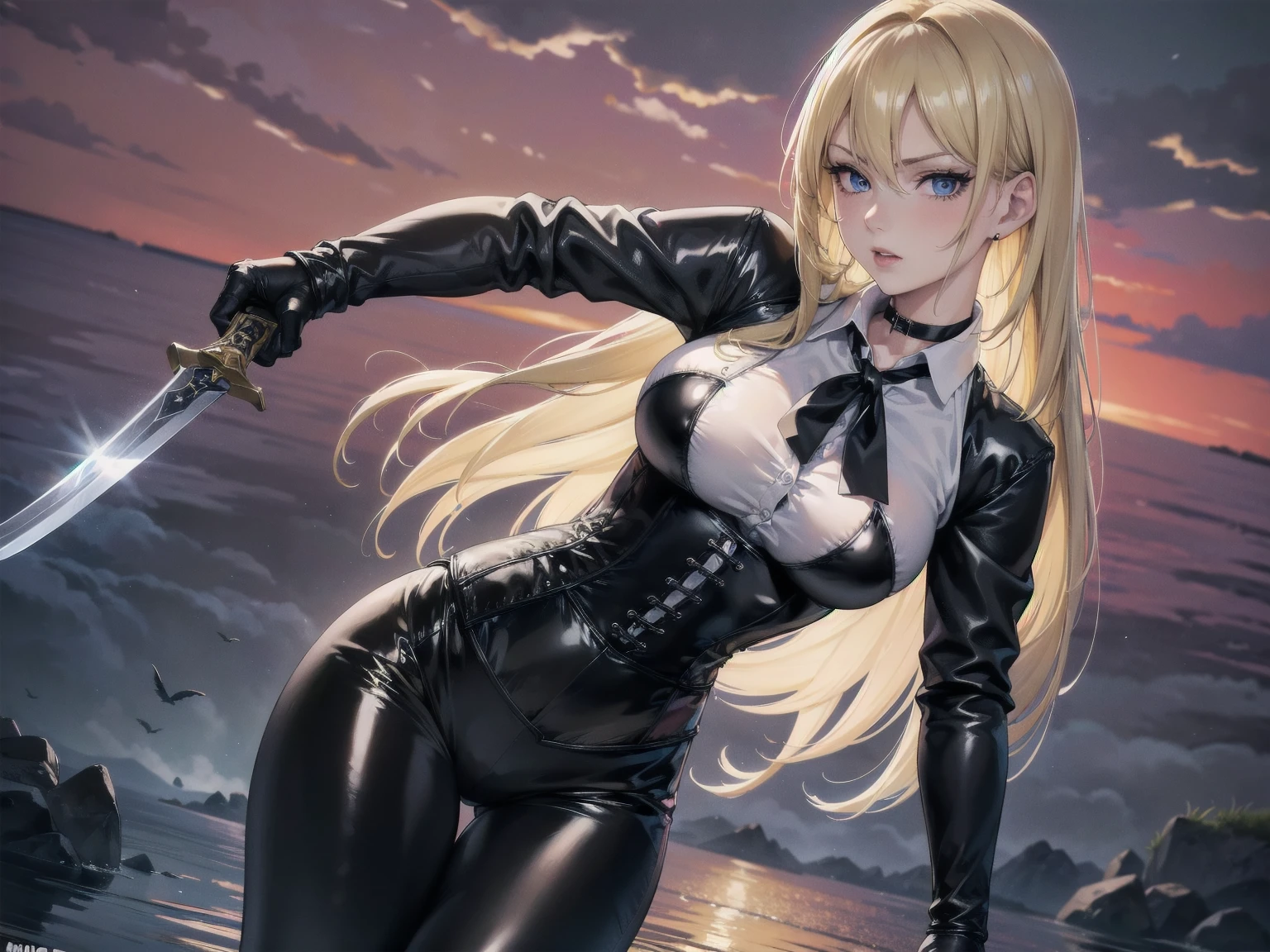 Masterpiece, Superior image quality, high resolution, 4k image,photo and gross, photorealistic, whole body, ung blonde of 15 years, fighting pose, {{{vagina}}}, big breasts, beautiful face, Long blonde hair, blue eyes, very detailed eyes, pink cheeks, serious expression, choker:1.6, (white collar button down long sleeve shirt), black gloves, gloves that cover hands, (wields a sword in his right hand), (black leather corset), (shiny black leggings), Sensual Lips, show details in the eyes, View from the front, looking at the viewer, standing on the shore of a lagoon, gloomy lagoon, Atmosphere, crimson sky