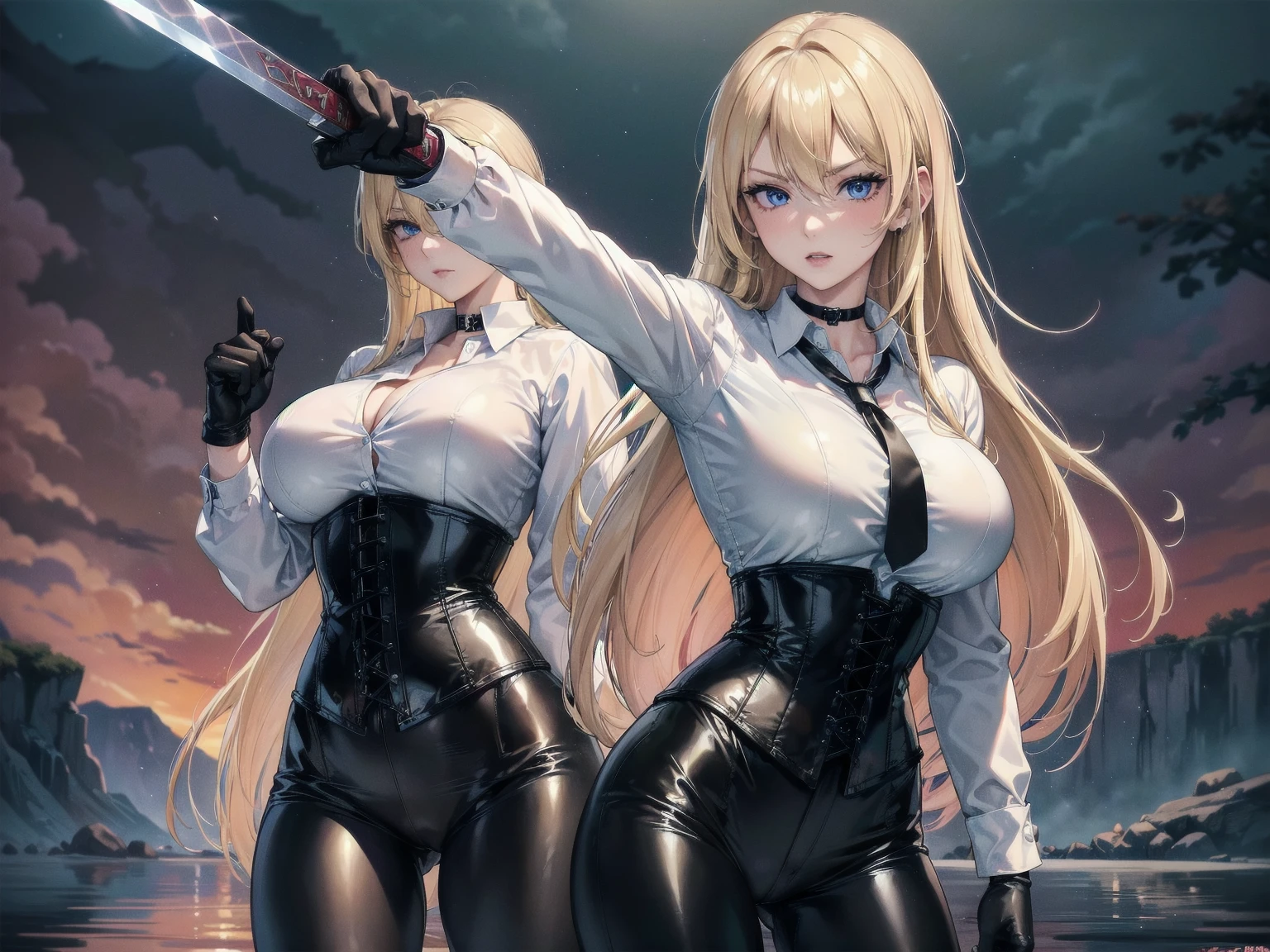 Masterpiece, Superior image quality, high resolution, 4k image,photo and gross, photorealistic, whole body, 1 young blonde of 15 years, fighting pose, {{{vagina}}}, big breasts, beautiful face, Long blonde hair, blue eyes, very detailed eyes, pink cheeks, serious expression, choker:1.6, (white collar button down long sleeve shirt), black gloves, gloves that cover hands, (wields a sword in his right hand), (black leather corset), (shiny black leggings), Sensual Lips, show details in the eyes, View from the front, looking at the viewer, standing on the shore of a lagoon, gloomy lagoon, Atmosphere, crimson sky
