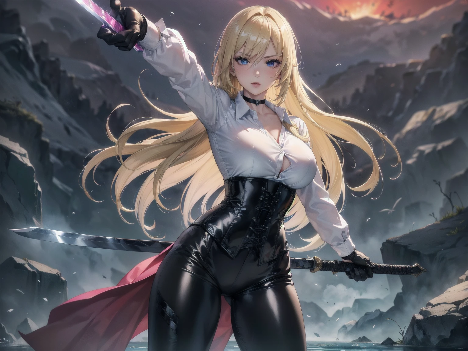 Masterpiece, Superior image quality, high resolution, 4k image,photo and gross, photorealistic, whole body, 1 young blonde of 15 years, fighting pose, {{{vagina}}}, big breasts, beautiful face, Long blonde hair, blue eyes, very detailed eyes, pink cheeks, serious expression, choker:1.6, (white collar button down long sleeve shirt), black gloves, gloves that cover hands, (wields a sword in his right hand), (black leather corset), (shiny black leggings), Sensual Lips, show details in the eyes, View from the front, looking at the viewer, standing on the shore of a lagoon, gloomy lagoon, Atmosphere, crimson sky