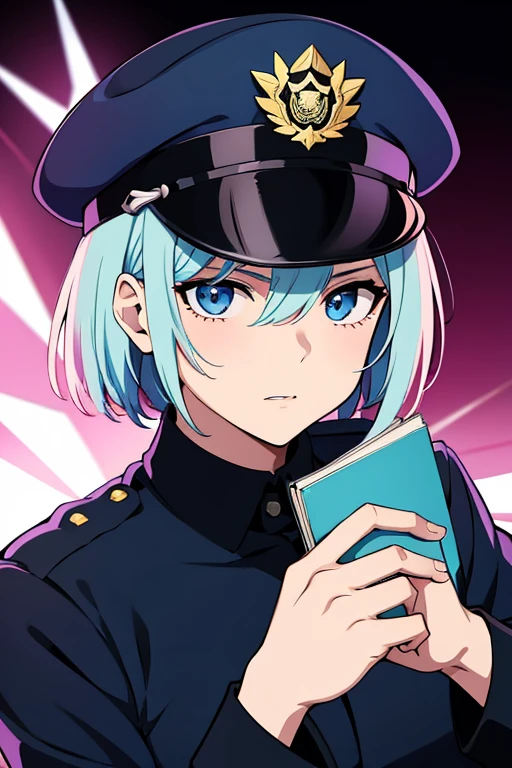 Create an anime-style image of a male police officer being transformed into a female like a curse..