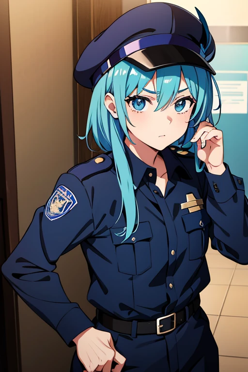 Create an anime-style image of a male police officer being transformed into a female like a curse..