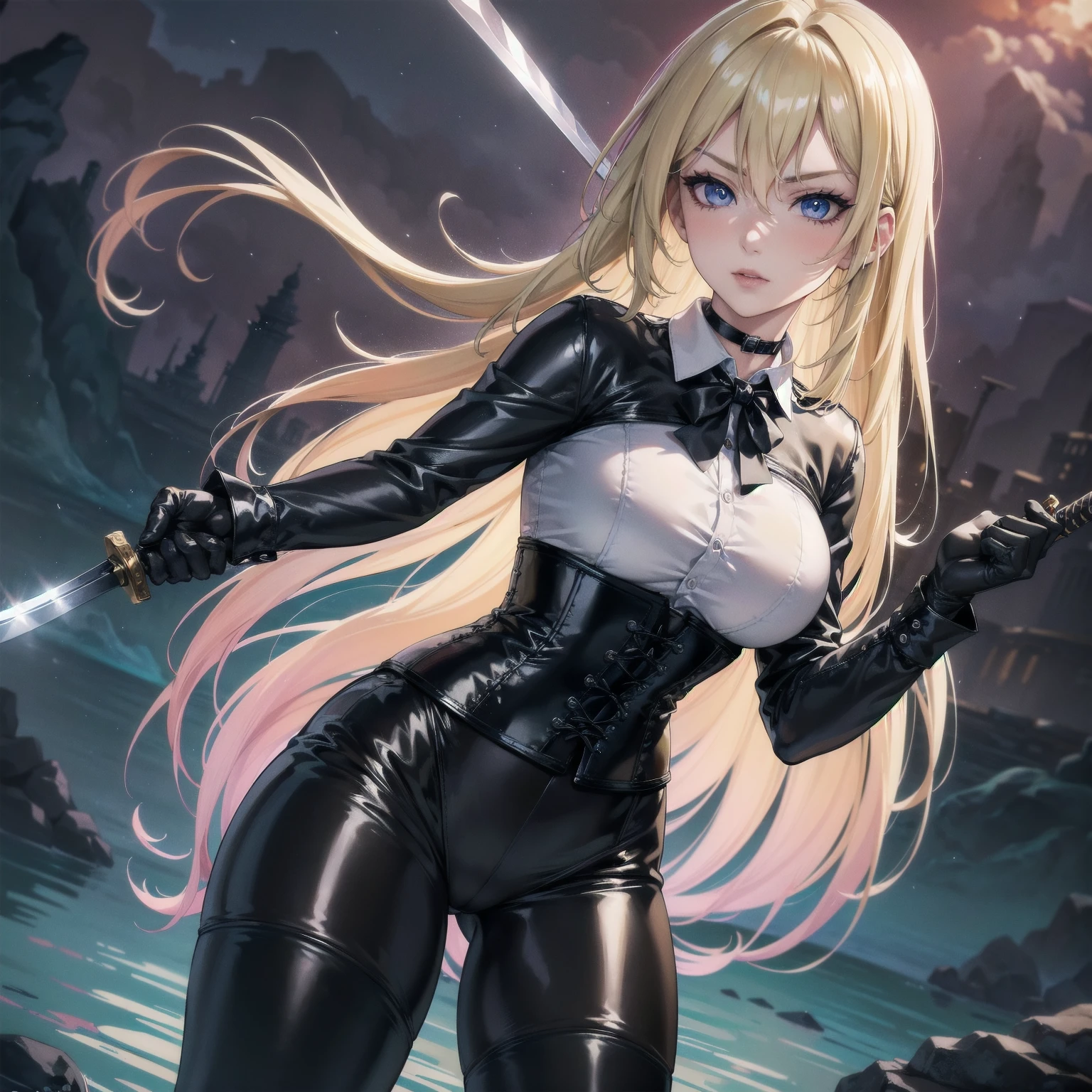 ((blood droplets)), ((blood)), ((blood splatter)), ((blood on clothes)) ((blood stain)), Masterpiece, Superior image quality, high resolution, 4k image,photo and gross, photorealistic, whole body, Torn clothes, ung blonde of 15 years, fighting pose, {{{vagina}}}, big breasts, beautiful face, Long blonde hair, blue eyes, very detailed eyes, serious expression, choker:1.6, (white collar button down long sleeve shirt), black gloves, gloves that cover hands, (wields a sword in his right hand), (black leather corset), (shiny black leggings), Sensual Lips, show details in the eyes, view from behind, perfect ass, looking at the viewer, standing on the shore of a lagoon, gloomy lagoon, Atmosphere, crimson sky