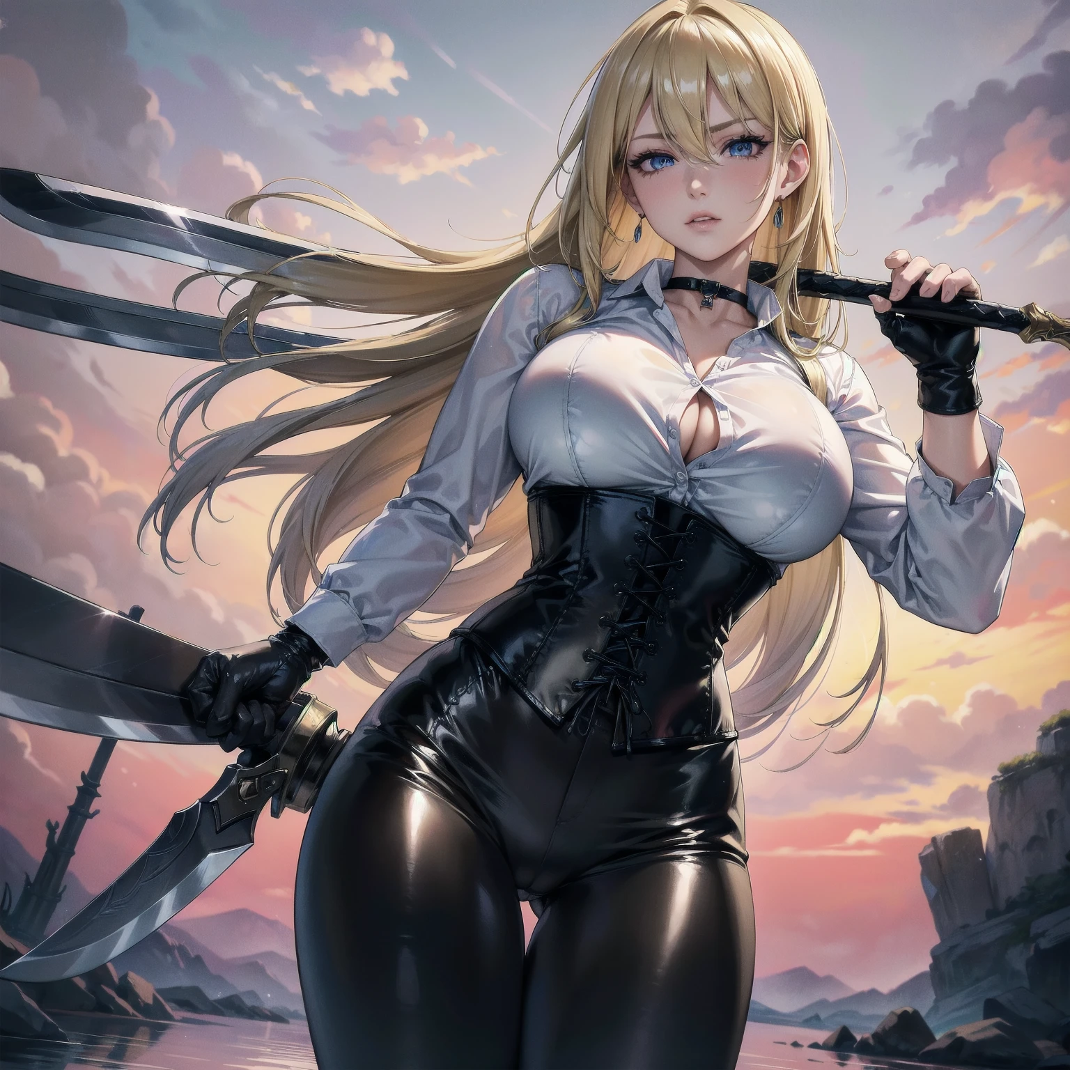 Masterpiece, Superior image quality, high resolution, 4k image,photo and gross, photorealistic, whole body, 1 young blonde of , fighting pose, {{{vagina}}}, big breasts, beautiful face, Long blonde hair, blue eyes, very detailed eyes, pink cheeks, serious expression, choker:1.6, (white collar button down long sleeve shirt), black gloves, gloves that cover hands, (wields a sword in his right hand), (black leather corset), (shiny black leggings), Sensual Lips, show details in the eyes, View from the front, looking at the viewer, standing on the shore of a lagoon, gloomy lagoon, Atmosphere, crimson sky