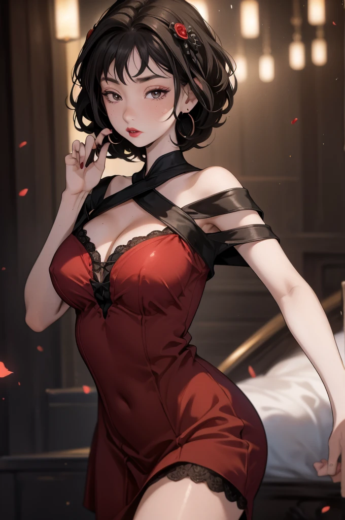 (8K HDR photorealistic pic), Betty Boop, short, althetic, curvy lady, ((tight little red dress)), dark eyebrows, black lipstick, (hoop earrings), dark eyeshadow, black lipstick, curvy, busty, (curly short black hair), shortstack, (retroussé breasts), darling figure, (supple pouting breasts), firm thighs, hourglass figure, kerchief, big brown eyes, dancing seductively