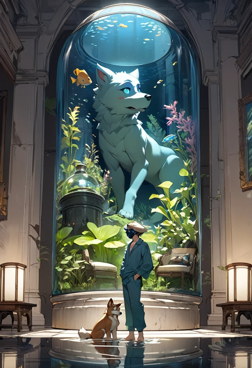 top quality, best quality, High-quality illustrations by Michelangelo, by Johannes Vermeer, masterpiece, super high resolution, detailed background, textile art, nightwear, surrounded cistern, transparent aquarium, aquatic plants, fluorescent lamp, caustics surface, reflecting, refraction, polarization, absurdres, perfect anatomy(handsome 1boy, kemono, solo focus, Adventurer, Archaeologist)(furry, dog facial features, dog body features)full body, expressionless, closed mouth, antique furniture, shaded face,