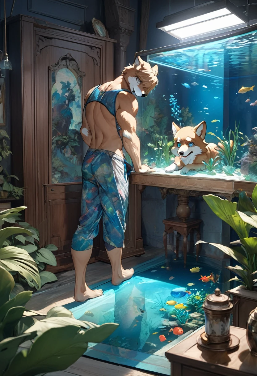 top quality, best quality, High-quality illustrations by Michelangelo, by Johannes Vermeer, masterpiece, super high resolution, detailed background, textile art, nightwear, surrounded cistern, transparent aquarium, aquatic plants, fluorescent lamp, caustics surface, reflecting, refraction, polarization, absurdres, perfect anatomy(handsome 1boy, kemono, solo focus, Adventurer, Archaeologist)(furry, dog facial features, dog body features)full body, expressionless, closed mouth, antique furniture, shaded face,