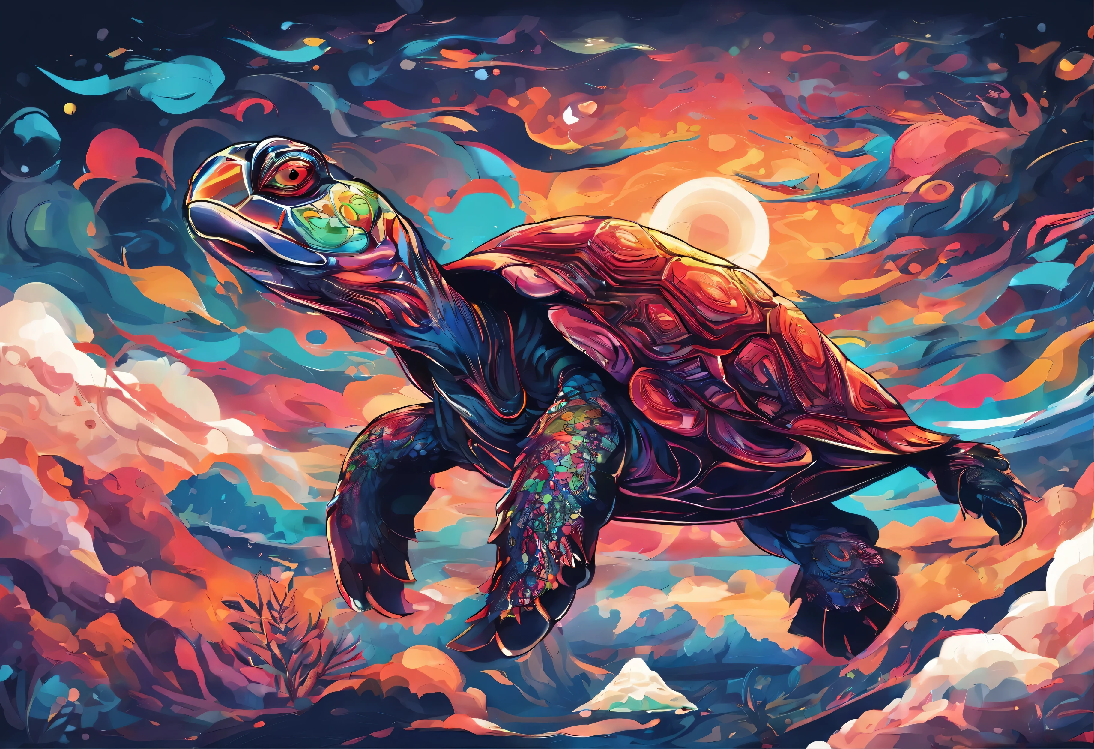 turtle head snake body,Xuanwu comes to the world,A visual feast blooming on a dark background。The mysterious sky represented by oil painting art,wild and,The soul is struck in it。The picture is full of passion and struggle,High details reveal the creative exploration of abstract souls。Immerse yourself in it,Experience a wonderful and dark world。