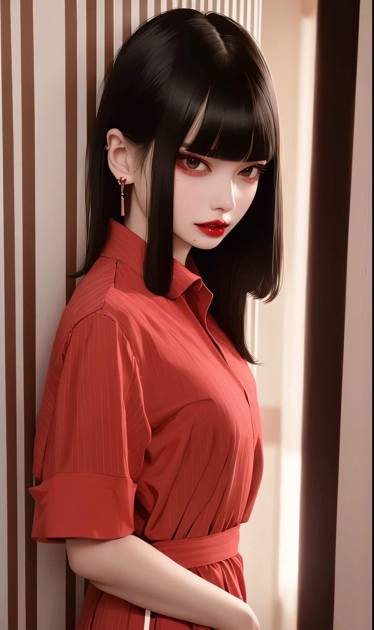 masterpiece, best quality, 32k, insane details, intricate details,
1girl, fashion photography, in style of angura keihime - cut, straight hairin a minimalist Misasakan roomhigh-wistskirtcllaredshirtshort hairstripedblunt bangs
A mature facesideways glance, (cold attitude,eyeshadow,eyeliner:1.1),(red lips:1.5), (Mole under eye:1.0),hand in pocketflower
